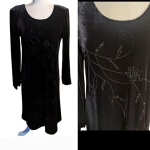 After Dark Black Velvet Beaded Midi Dress Whimsigoth Witchy Long Sleeve Sz 10